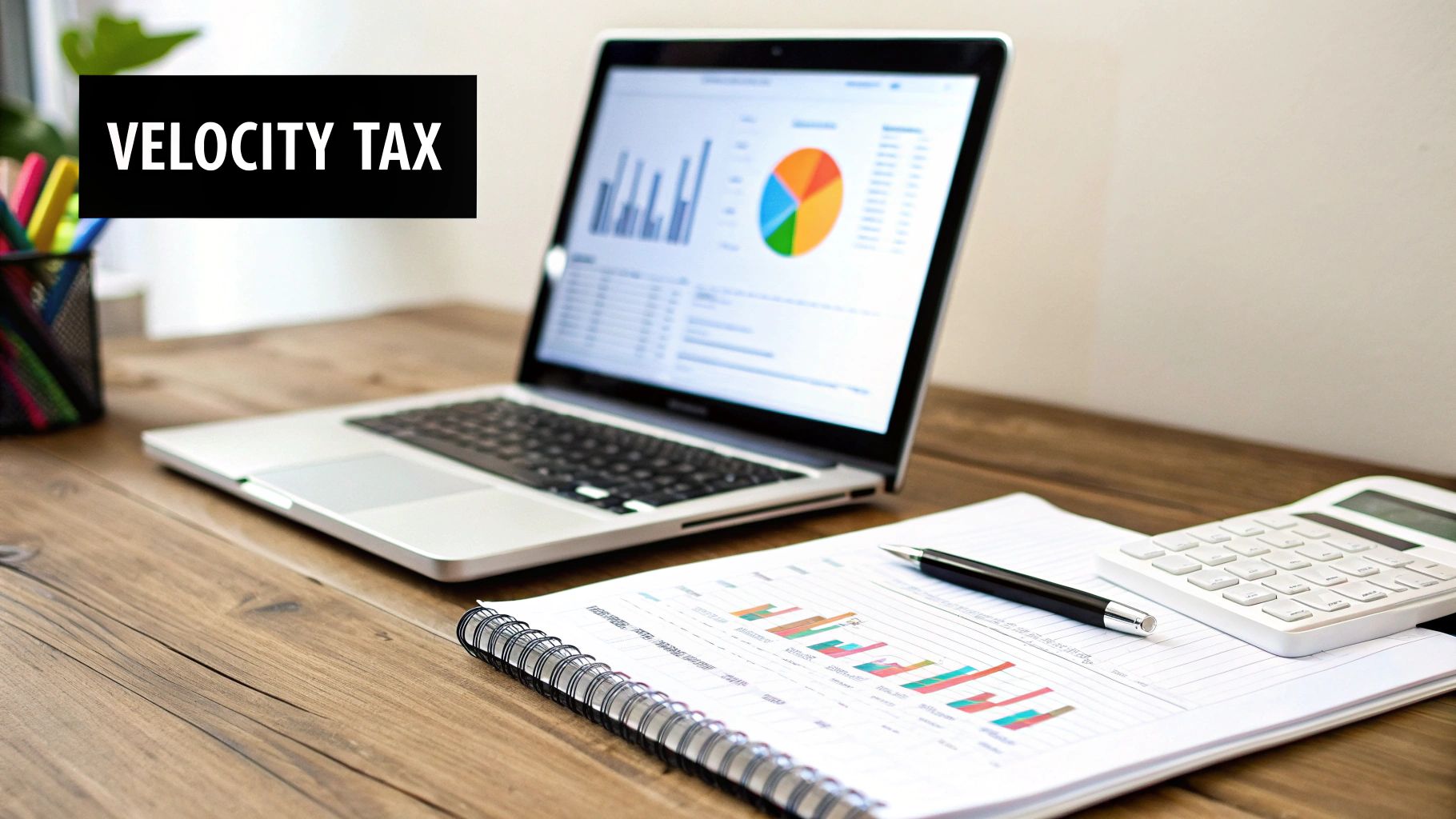 Velocity tax concept with laptop displaying financial charts, calculator, and business reports on desk