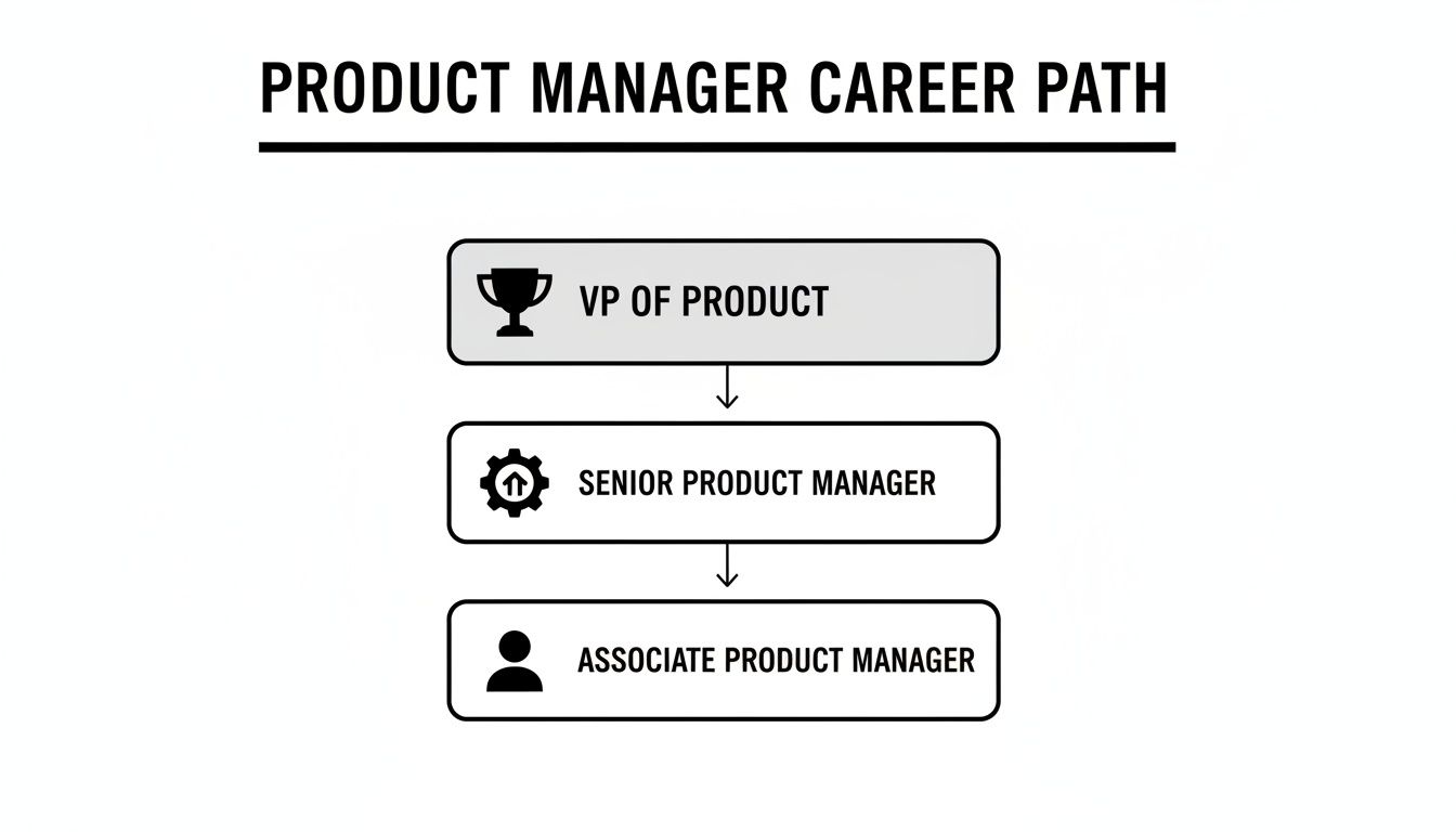 A diagram illustrating the product manager career path, showing progression from Associate to VP of Product.