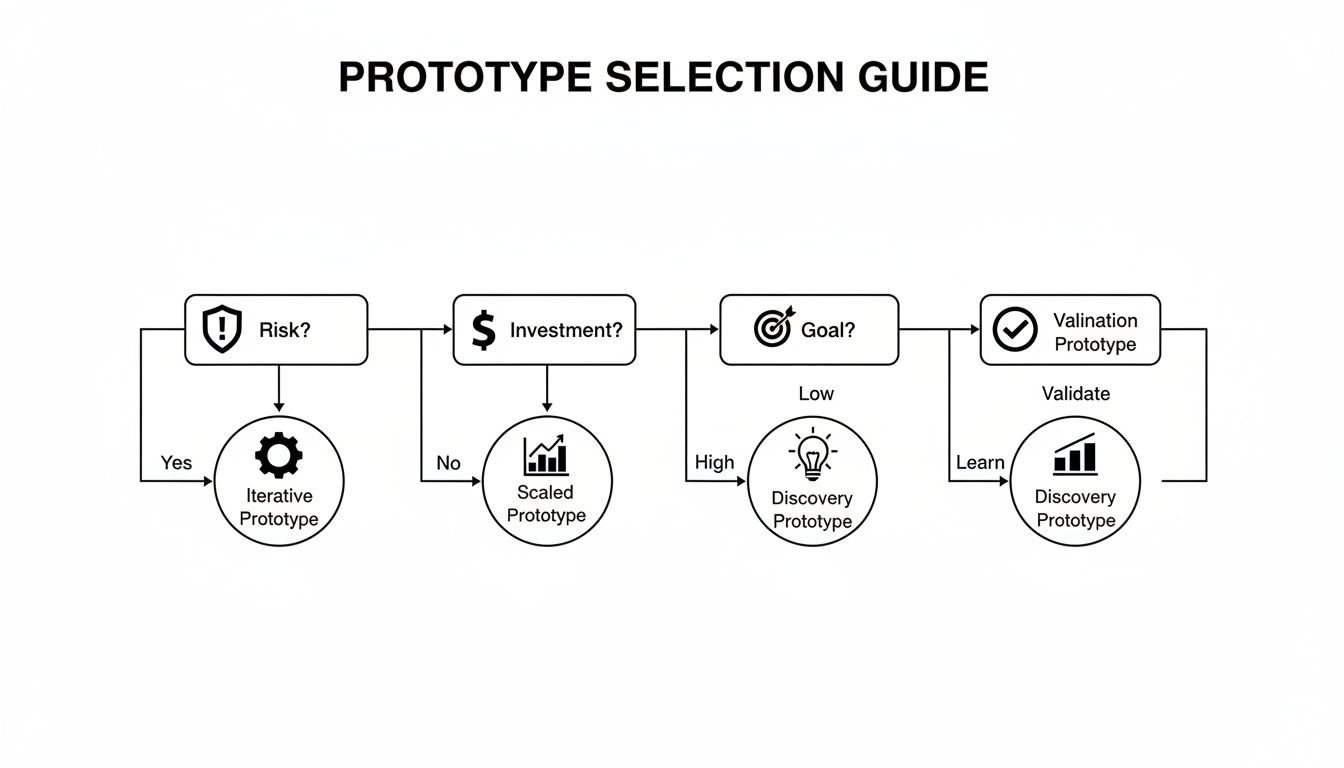 Flowchart diagram illustrating a prototype selection guide, detailing steps for choosing iterative, scaled, discovery, and validation prototypes.