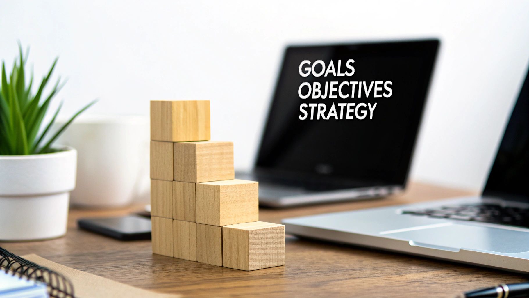 Wooden blocks symbolizing progress next to a laptop displaying 'Goals Objectives Strategy' on a desk.