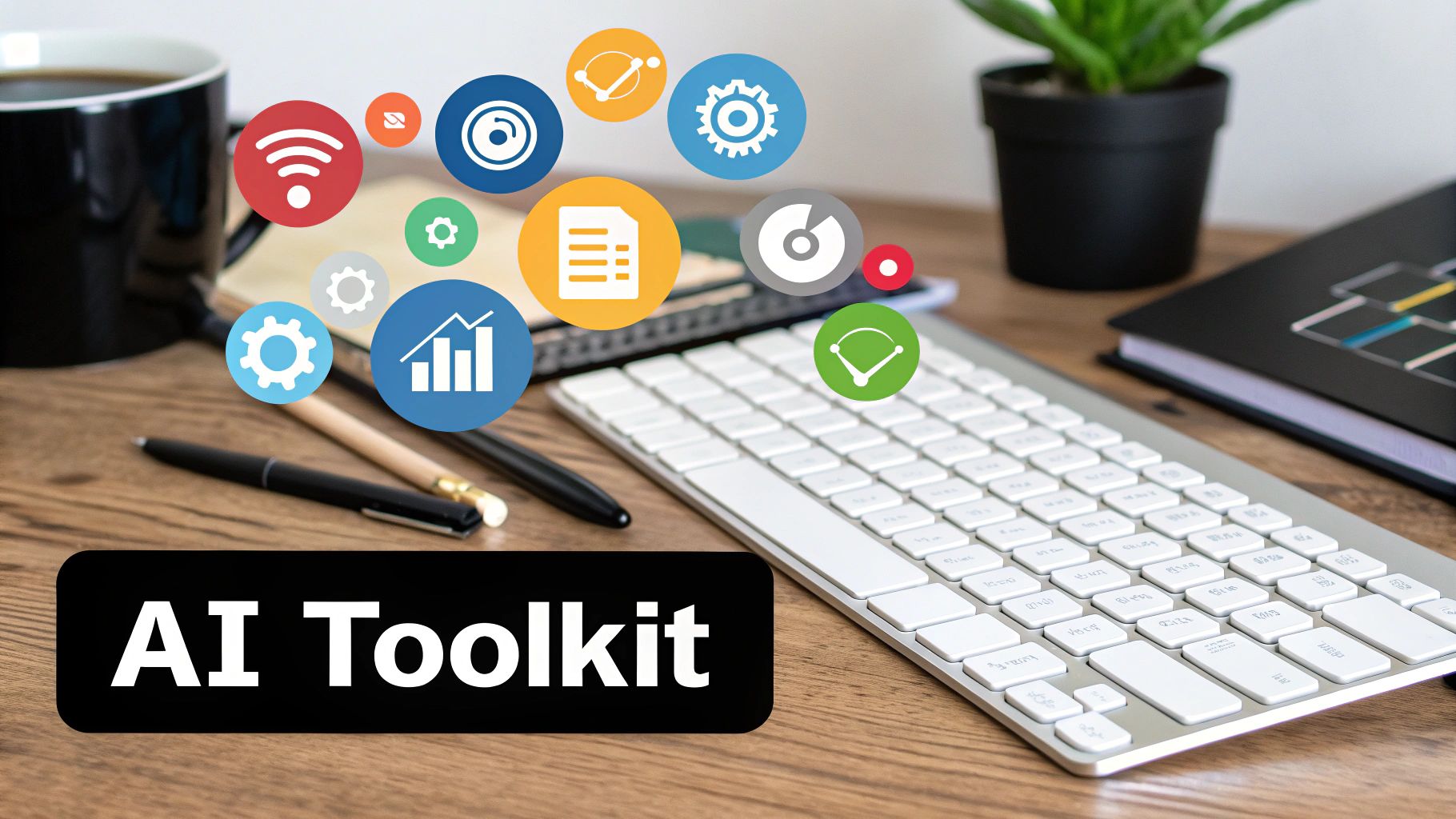 An AI product manager works on a laptop, surrounded by icons representing different software tools