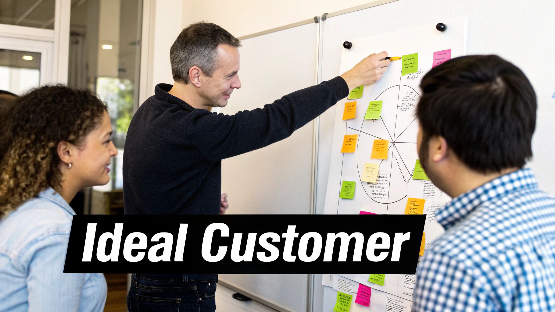 Three people brainstorm an ideal customer strategy on a whiteboard with colorful sticky notes.