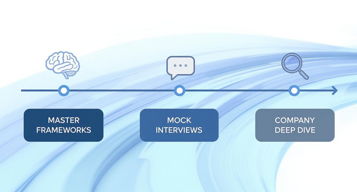 A three-step interview preparation process: Master Frameworks, Mock Interviews, and Company Deep Dive.
