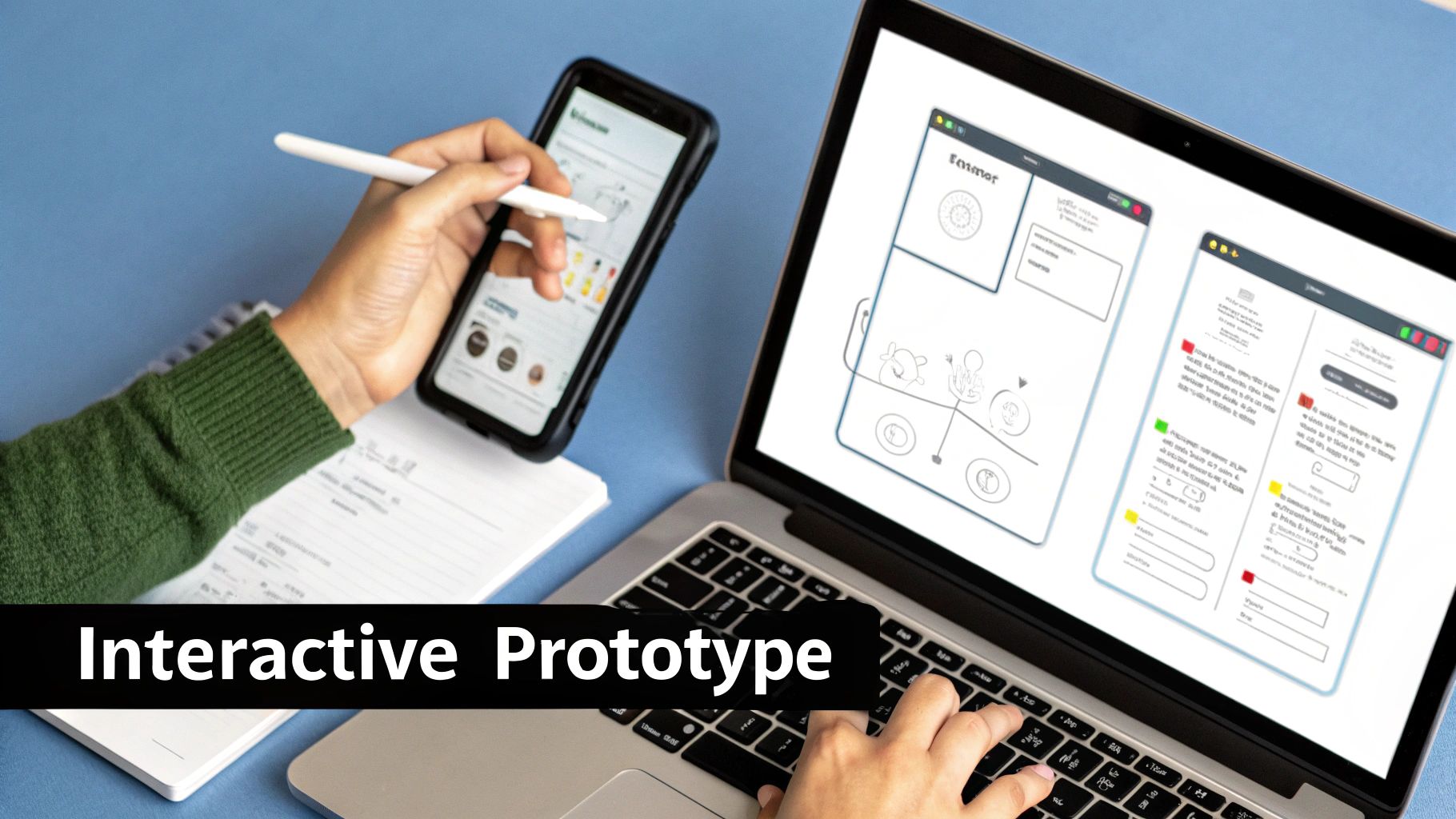 A person is working on an interactive prototype using a laptop and a smartphone with a stylus, showing UI/UX design.