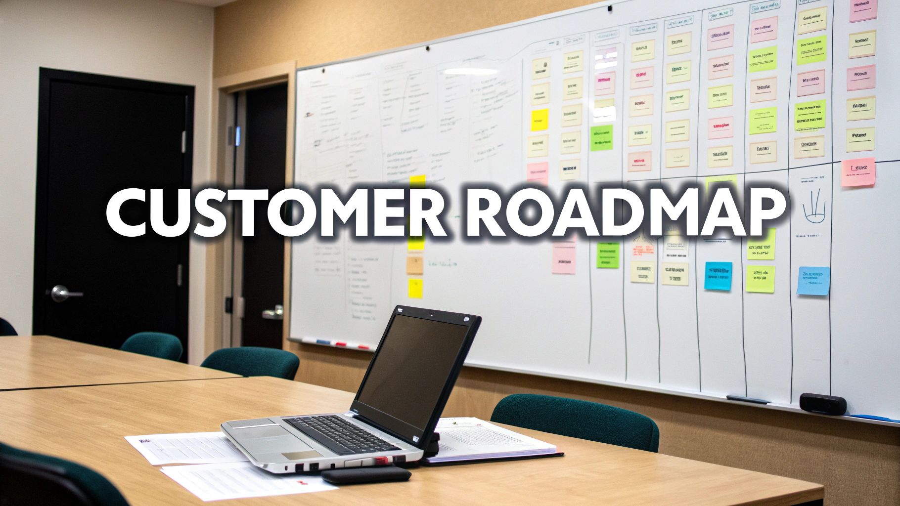 Customer roadmap planning session with colorful sticky notes on whiteboard and laptop on conference table