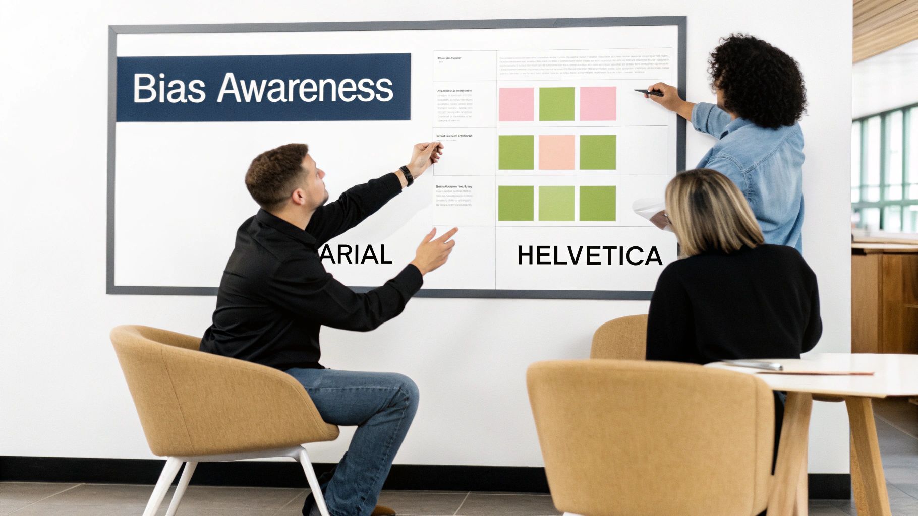 Three people discuss a 'Bias Awareness' presentation on a whiteboard, featuring design elements and fonts.