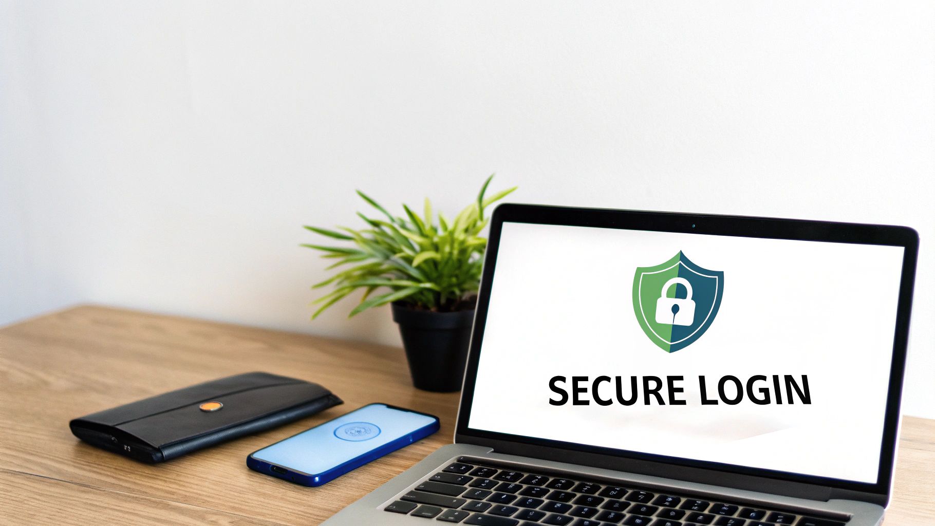 Laptop displaying secure login screen with lock icon, alongside a smartphone, wallet, and plant on a wooden desk.