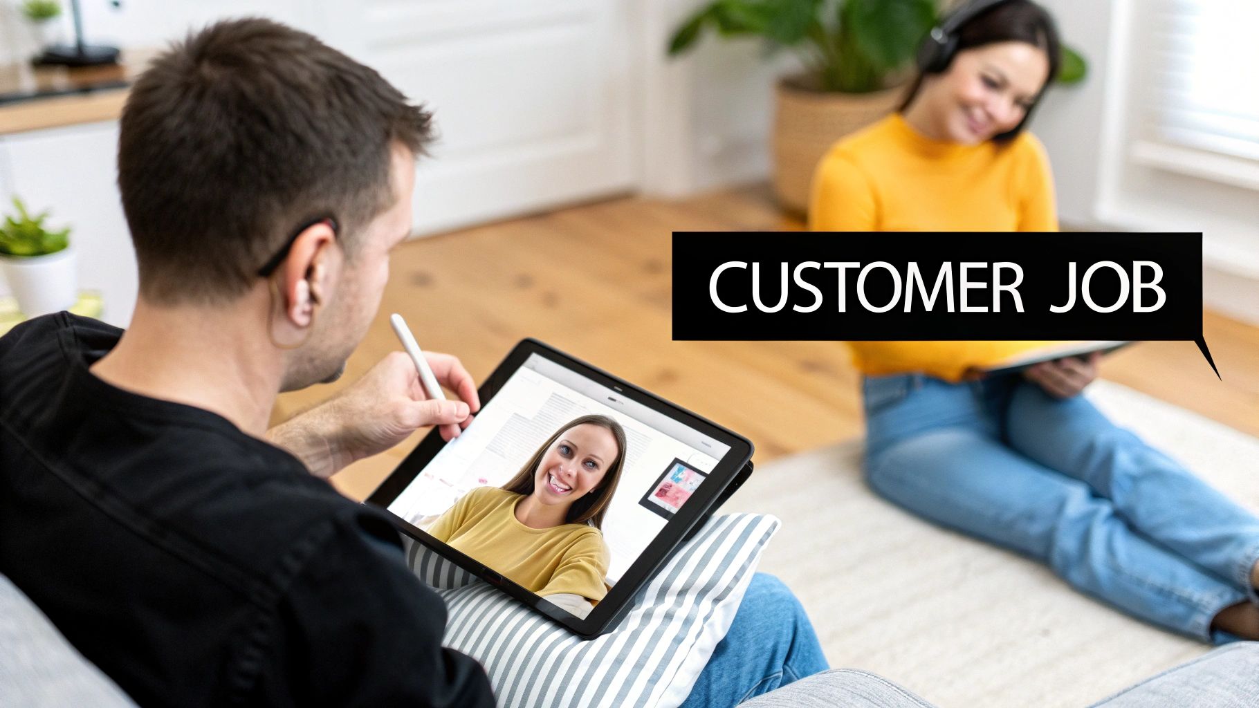 A man digitally signs on a tablet during a video call with a woman, while another woman relaxes in the background.