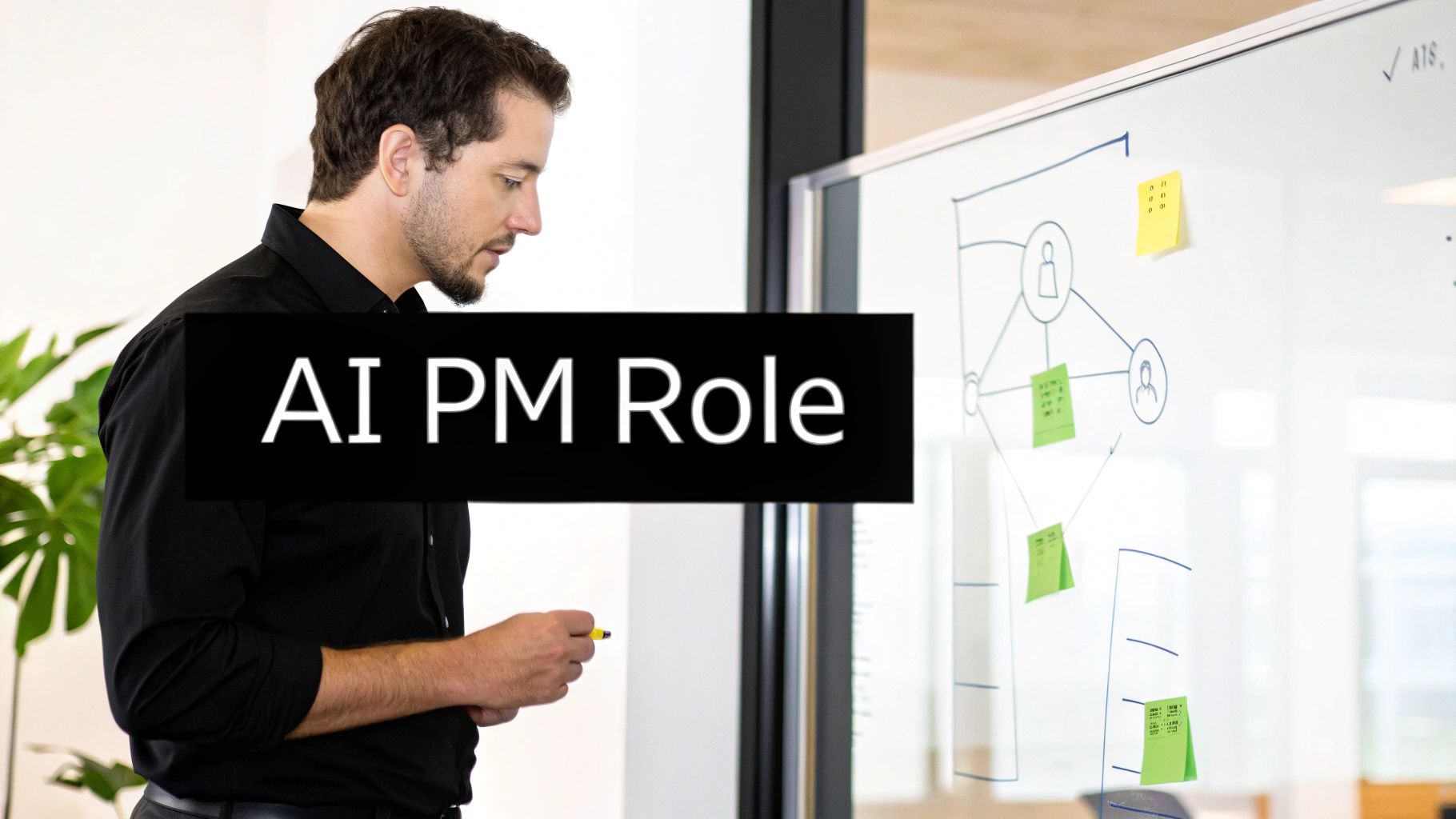 A man in a black shirt looks at a whiteboard with diagrams and sticky notes, holding a marker. Text overlay reads 'AI PM Role'.