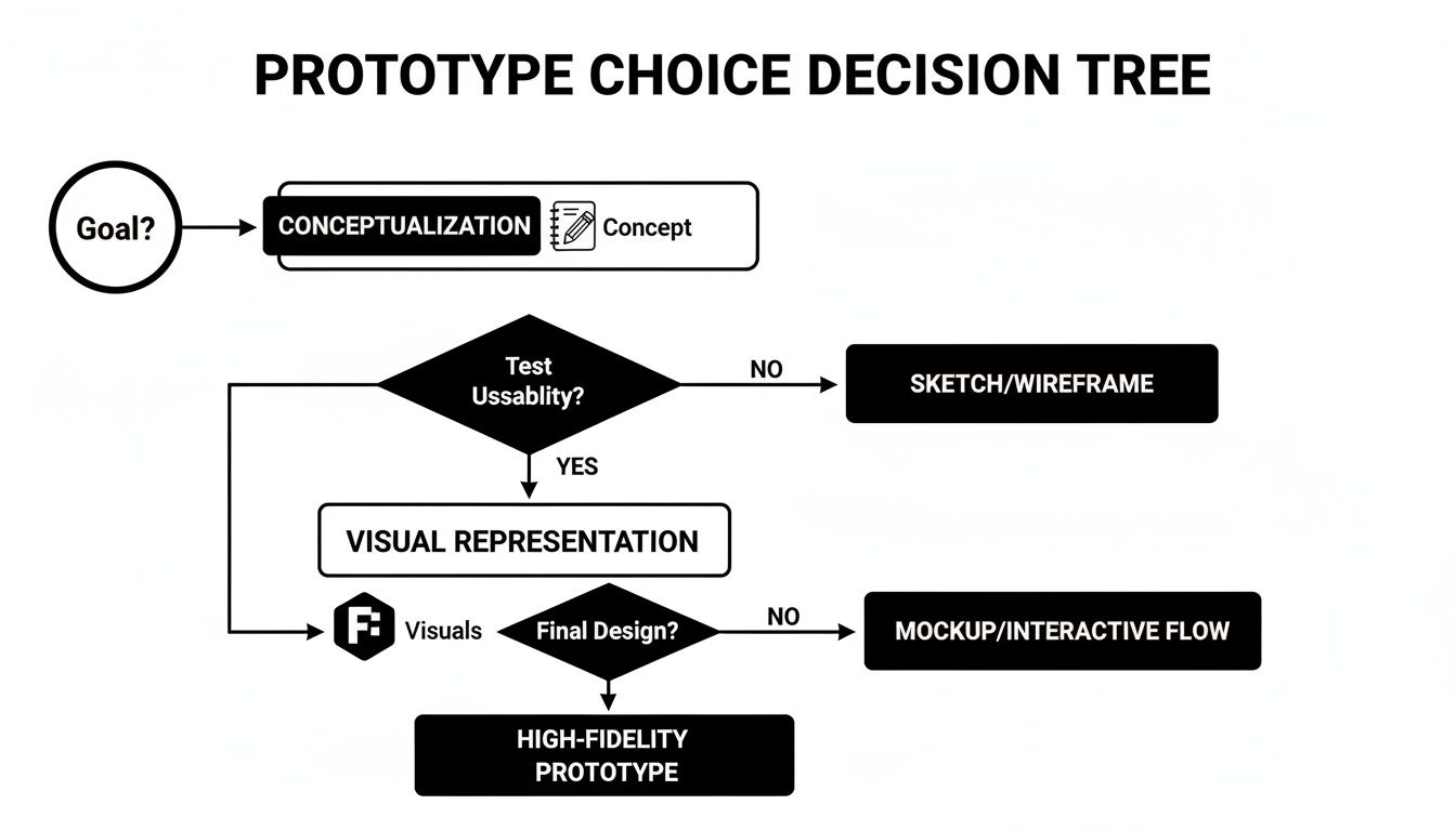 A decision tree flowchart outlining steps to choose the right prototype, from conceptualization to high-fidelity.