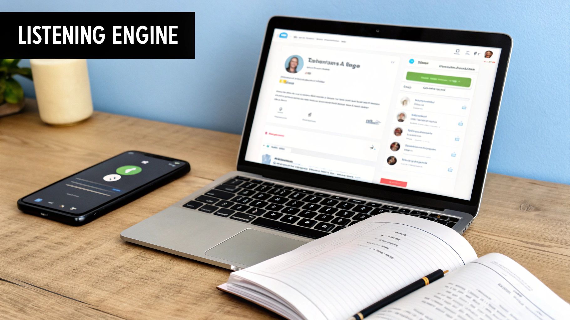 A laptop and smartphone display a 'LISTENING ENGINE' interface, suggesting customer voice analysis in a modern workspace.