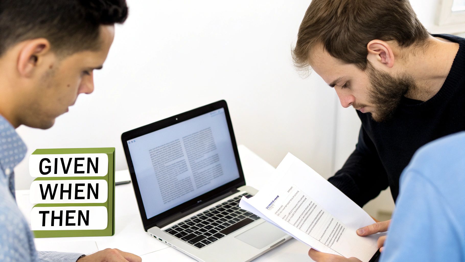 Two men collaborating at a desk with a laptop, documents, and a 'GIVEN WHEN THEN' sign.