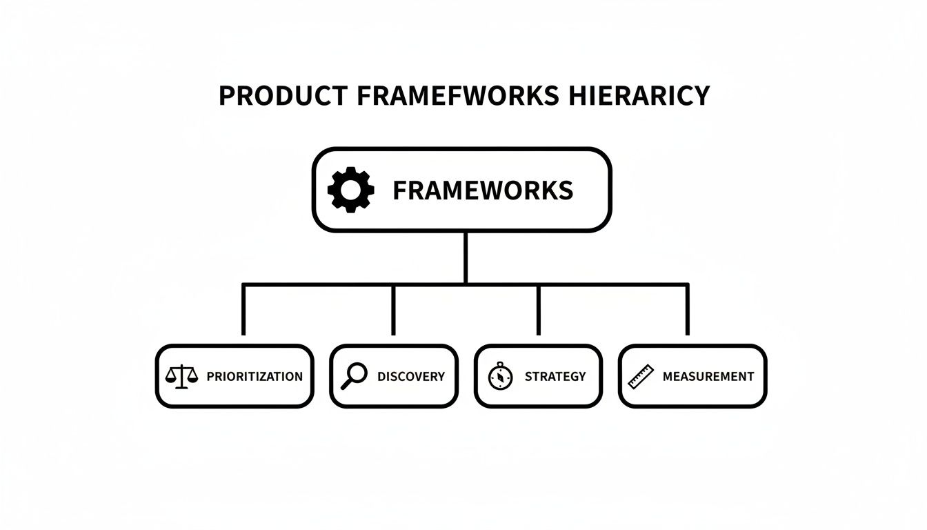 A hierarchy diagram illustrating product frameworks, including prioritization, discovery, strategy, and measurement.