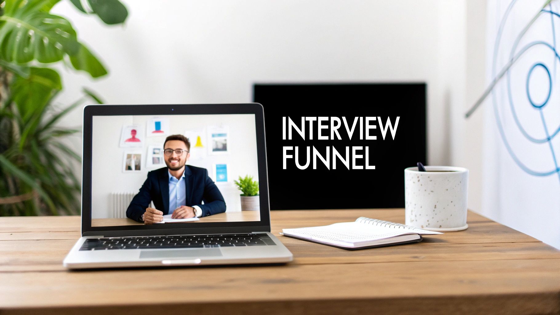 A laptop displaying a virtual interview with a smiling man, next to a screen showing "INTERVIEW FUNNEL".