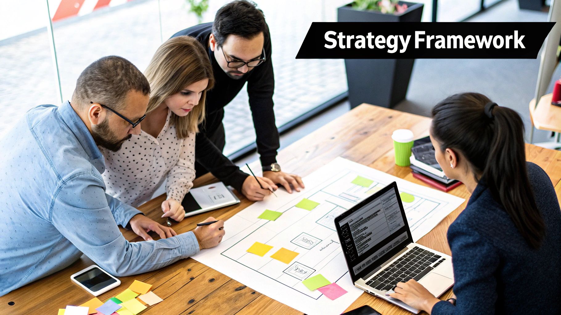 A whiteboard with product strategy diagrams and sticky notes.