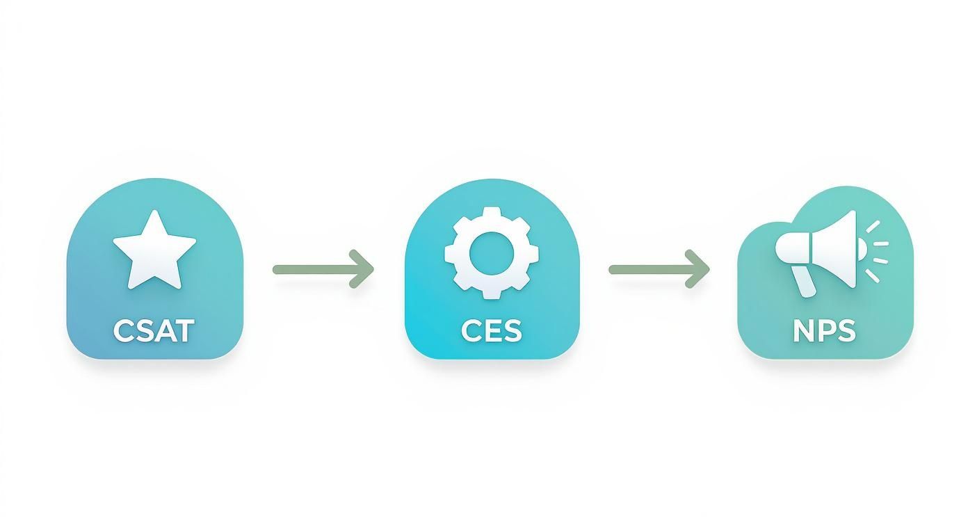 Customer satisfaction workflow diagram showing CSAT leading to CES and resulting in NPS measurement
