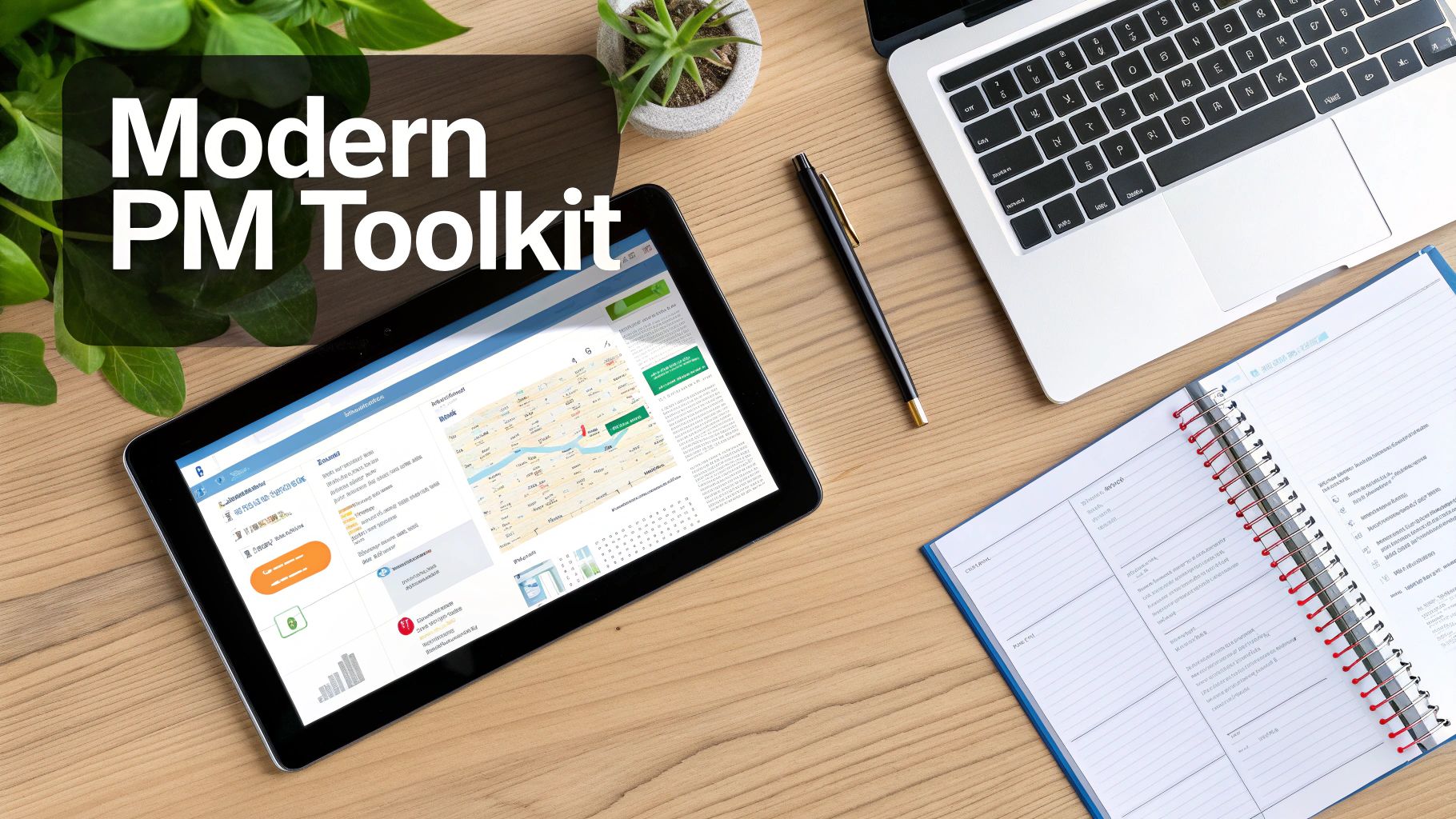 A top-down view of a modern PM toolkit with a tablet, laptop, pen, and notebook on a wooden desk.