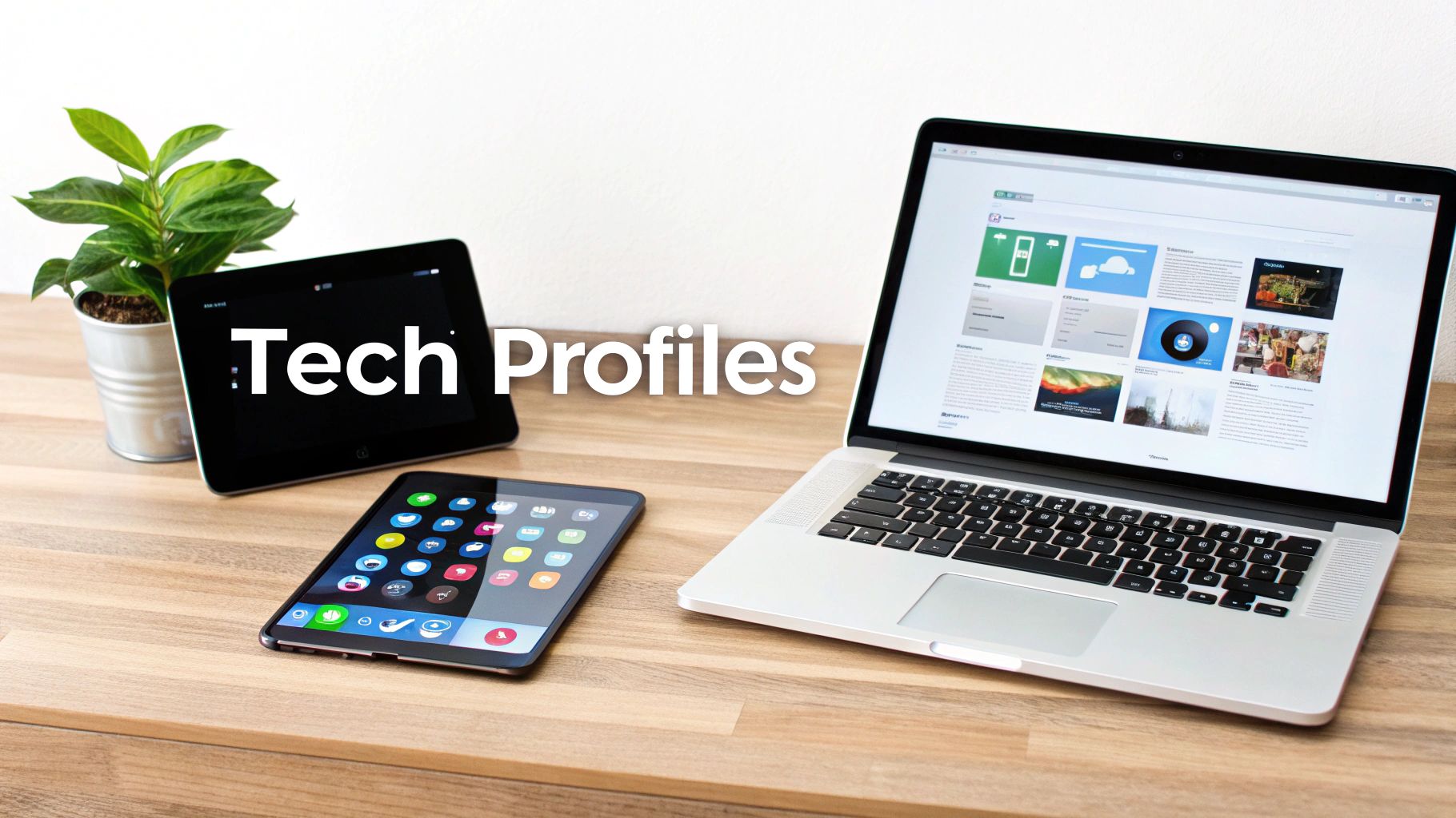 Modern workspace showing laptop, tablet, smartphone and plant with Tech Profiles text overlay on wooden desk