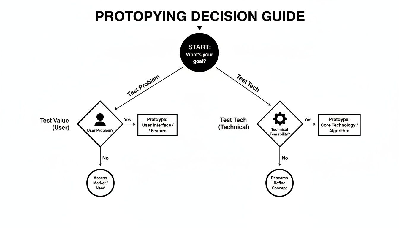 A flowchart guiding prototyping decisions, branching based on testing user problems or technical feasibility.