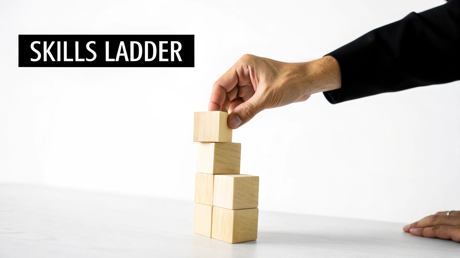 Hand building a wooden block ladder, illustrating career growth and a skills ladder concept.