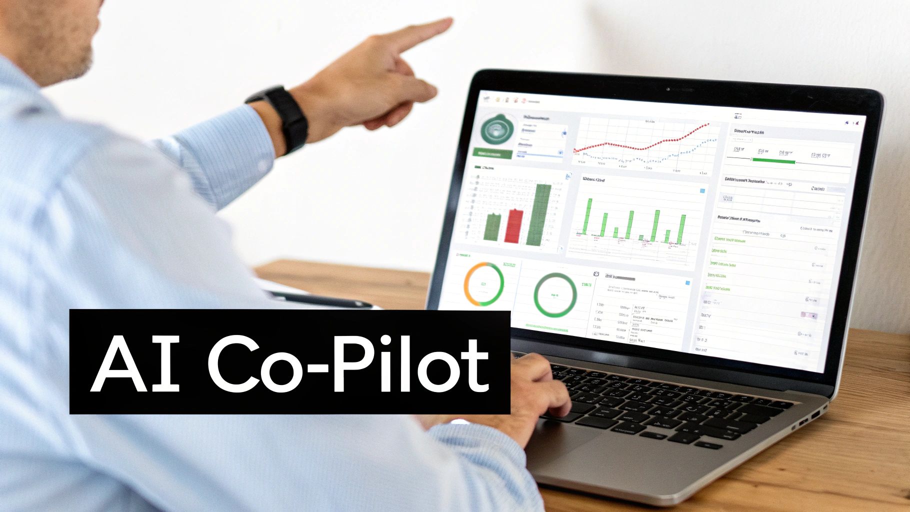 A person pointing at a laptop screen displaying AI Co-Pilot dashboards and financial charts.