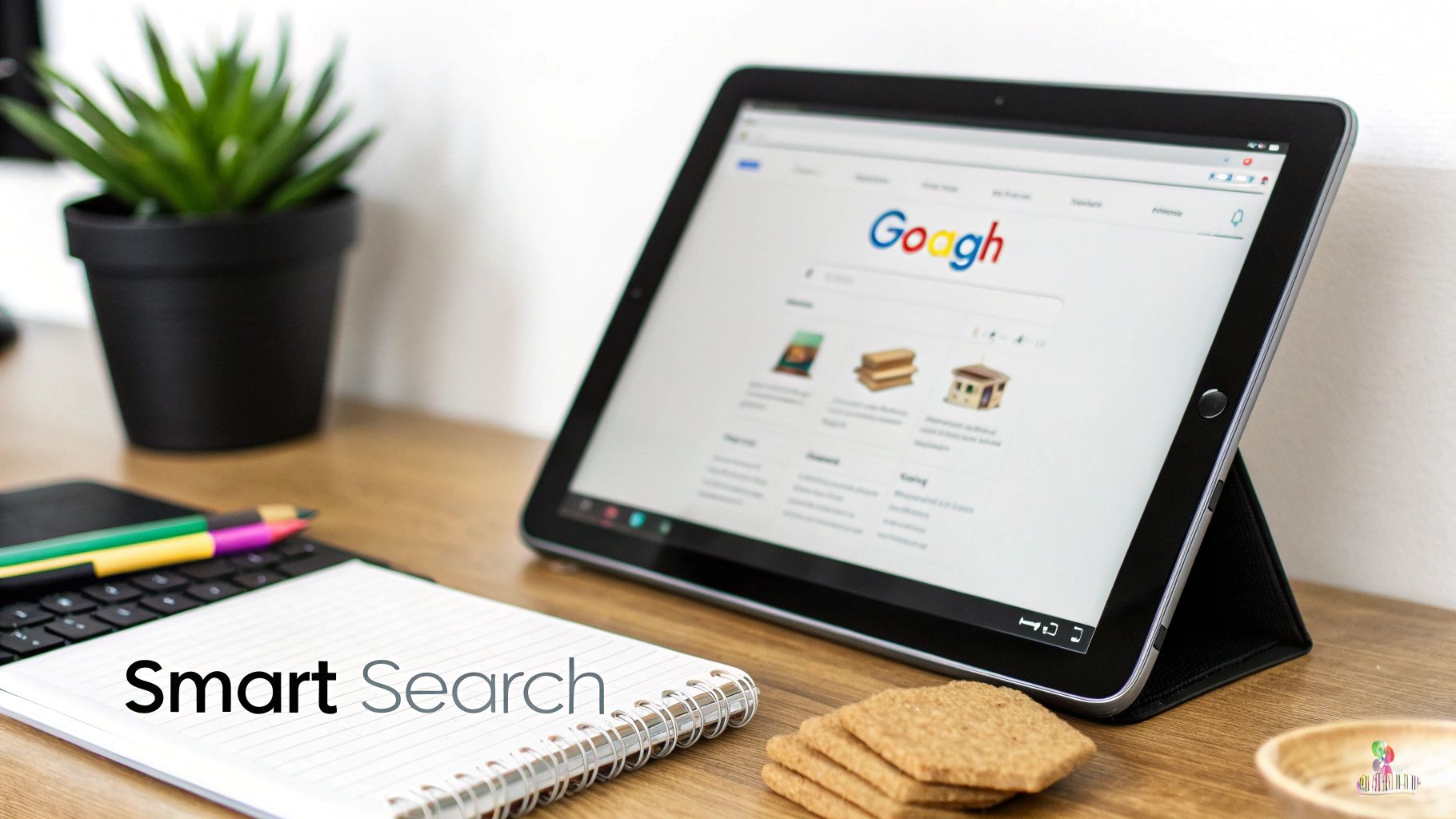 A tablet displays Google search on a wooden desk with a notebook, plant, pencils, and crackers.