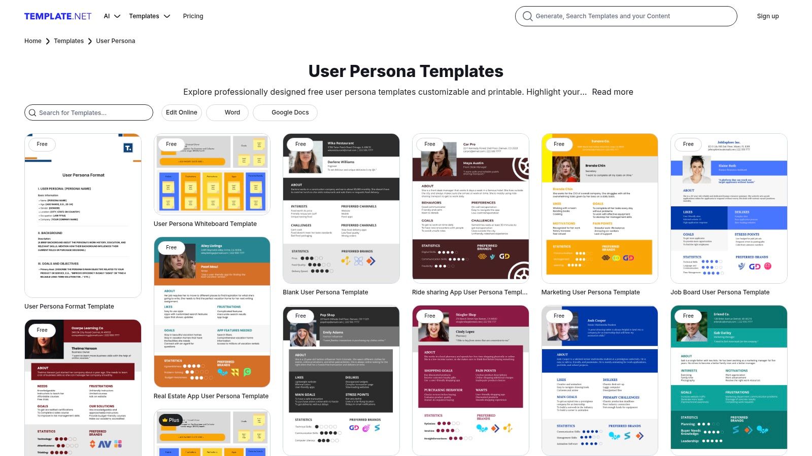 Template.net – Editable User Persona templates