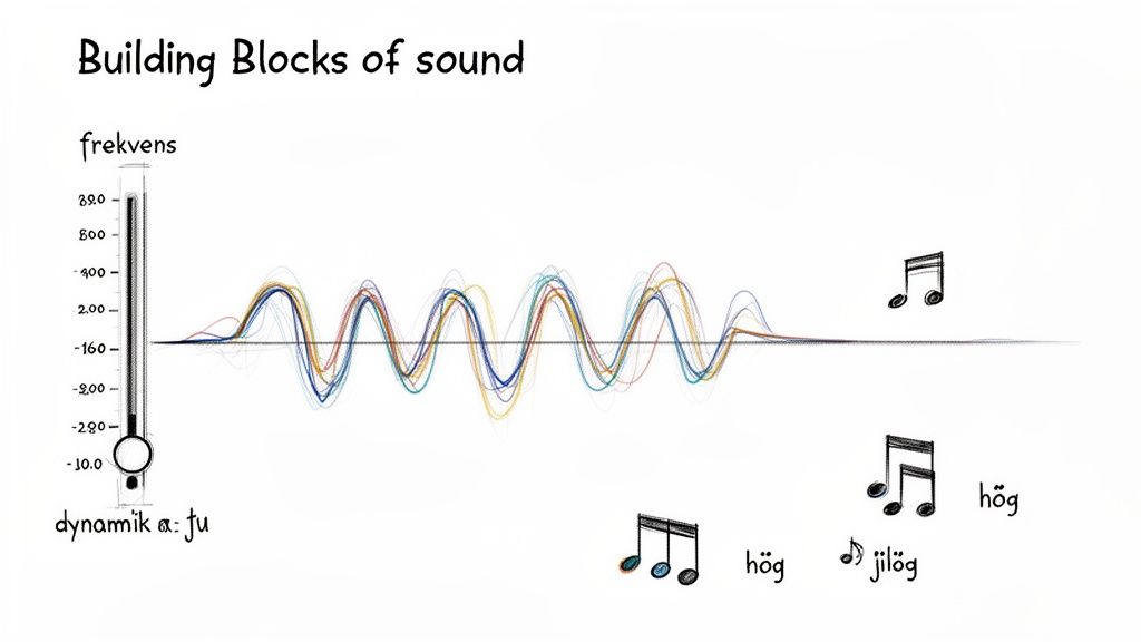 En illustration av ljudets byggstenar med vågformer, en frekvensslider, dynamik och musiknoter.