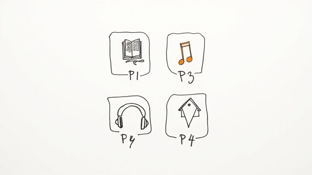 Handritade ikoner med en bok (P1), en musiknot (P3), hörlurar (P4) och en fågelholk (P4), organiserade i ett rutnät.