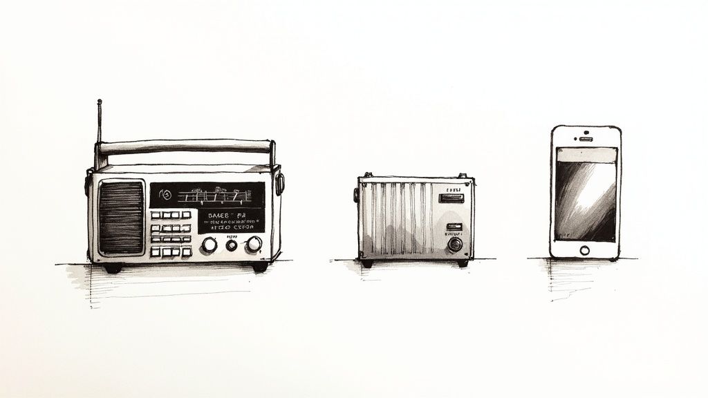 Tecknad bild som visar en stor radio, en mindre radiomottagare och en smartphone på en vit bakgrund.