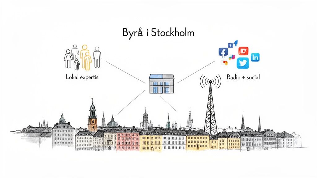 Illustration av en byrå i Stockholm som kopplar lokal expertis med radio och sociala medier.