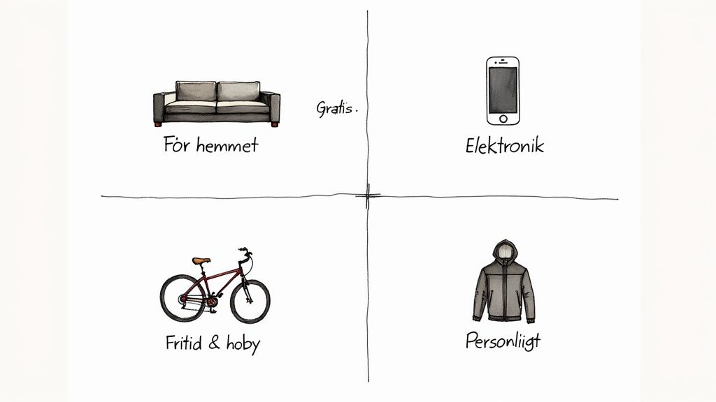 Diagram med kategorier för gratisannonsering: möbler, elektronik, fritidsartiklar och personliga föremål.