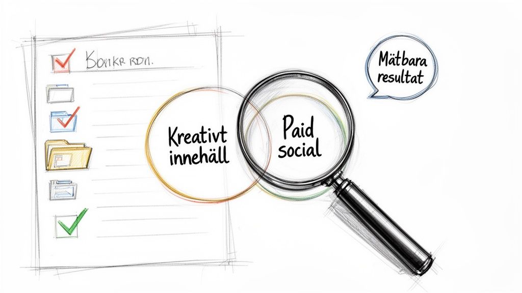 Skiss av en checklista, två överlappande cirklar med 'Kreativt innehåll' och 'Paid social', samt 'Mätbara resultat'.