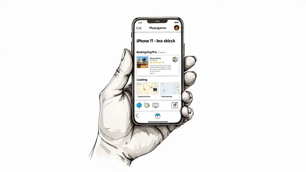 En stiliserad hand håller en smartphone som visar en annons för iPhone 11 på en app.