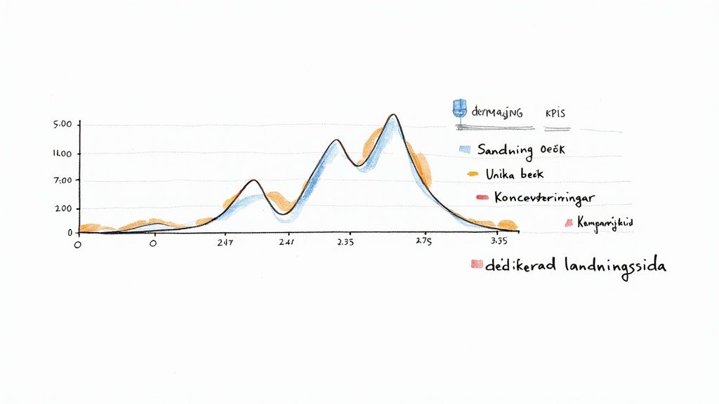 Handritad linjegraf som visar data för sändning, unika besök och kampanjtid med överlappande kurvor.
