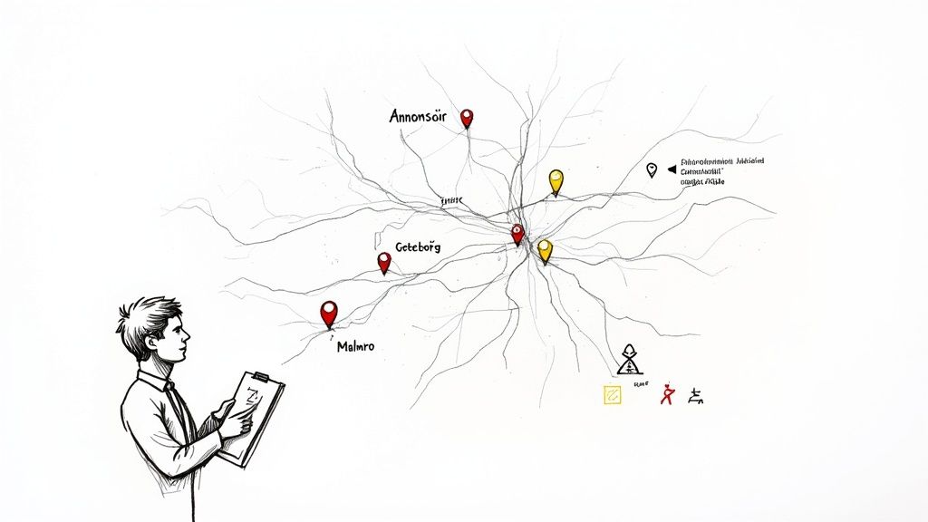 Illustration av en man som granskar en karta med platser som Annonsör, Göteborg, Malmö och täckningsområden.