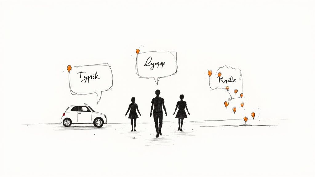 Illustration med en bil och tre människor bredvid talbubblor som säger 'Typisk' och 'Rymdmap', samt en karta med 'Radie' och orange markörer.