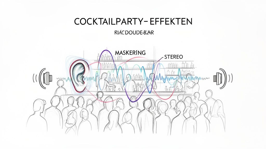 Illustration av Cocktailparty-effekten: öra, ljudvågor som visar maskering och stereo, samt människor i en barmiljö.