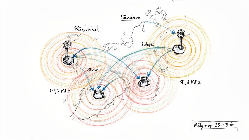 Karta över radiotäckning med sändare, räckvidd, frekvenser och målgrupp i Sverige.