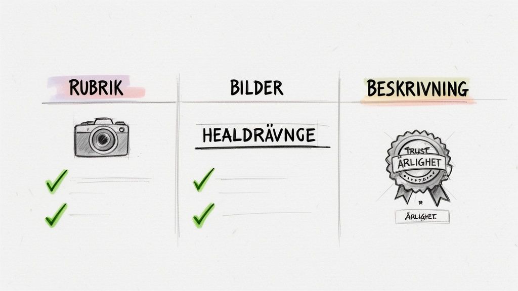 Illustration som visar viktiga delar för en annons: rubrik med kamera, heltäckande bilder och ärlig beskrivning med kvalitetsstämpel.