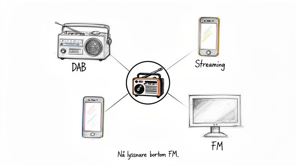 En illustration som visar olika sätt att lyssna på radio: DAB, streaming, och FM, med en central radioikon.
