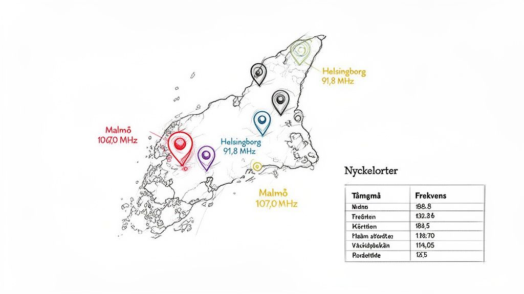 Karta över södra Sverige med Malmö och Helsingborgs FM-frekvenser, inklusive en tabell med tågfrekvenser.