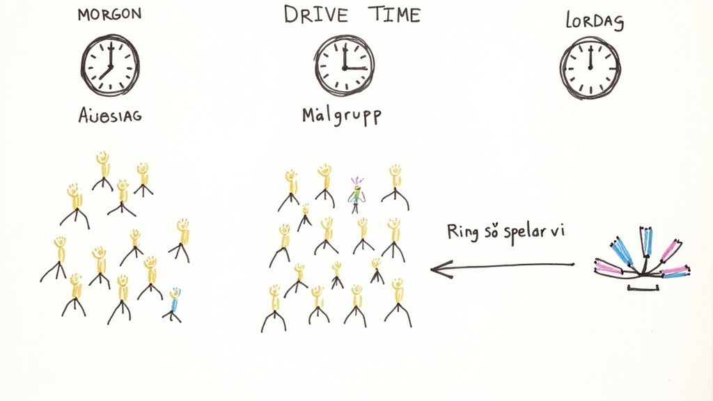 Diagram som illustrerar radioprogrammets tider och målgrupper för morgon, drivetid och lördag.