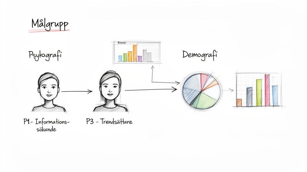 Illustrerar målgruppsanalys med psykografi (personas) och demografi (cirkeldiagram, stapeldiagram) för att förstå en målgrupp.