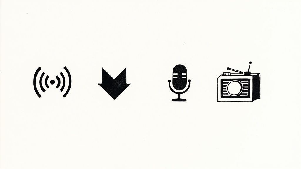 Fyra ikoner i rad: en signal, en nedåtpil, en mikrofon och en radio.