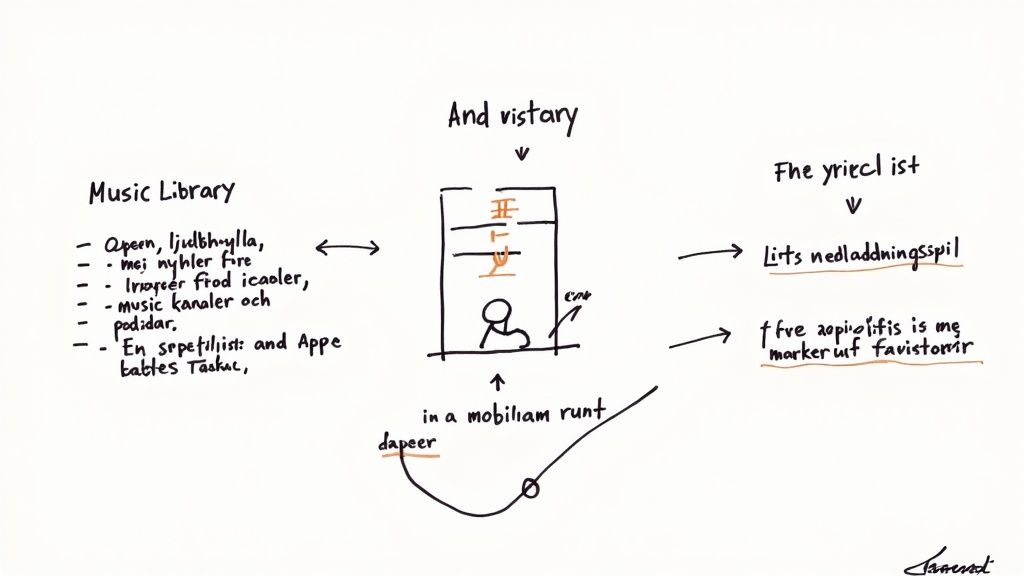 En handritad konceptuell diagram som visar en musikbiblioteksfunktion med spellistor, historik och nedladdningar.
