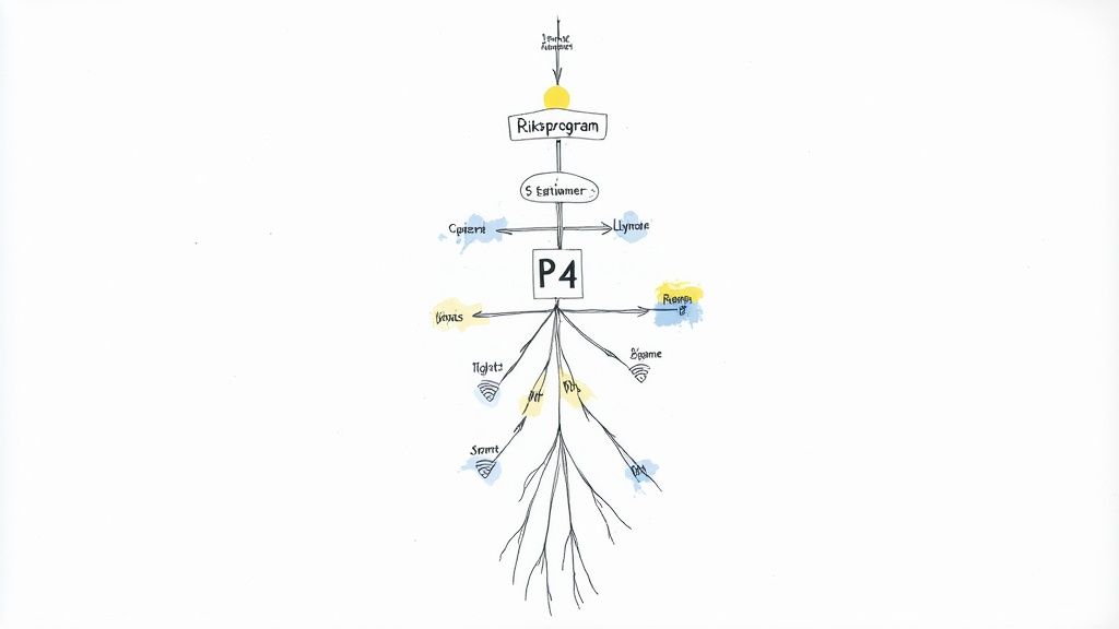 Ett handritat diagram som visar P4:s system med kopplingar till Riksprogram, lyssnare och innehåll.