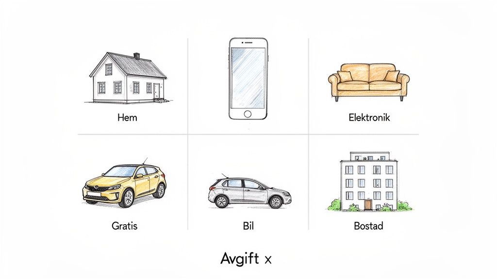 Sex illustrationer i rutnät med kategorier som Hem, Elektronik, Bil, Gratis och Bostad. Nedtill: Avgift x.