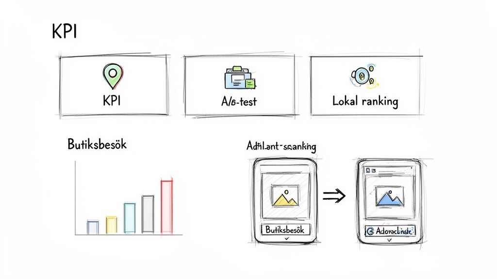 Bild som visar olika digitala marknadsföringskoncept: KPI, A/B-test, lokal ranking, butiksbesök och mobilskanning.