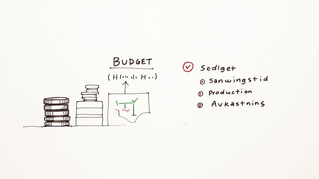 En handritad diagram som visar budget, staplade mynt och en lista med punkter som Sedelget, Sanwingstid, Produktion och Avkastning.